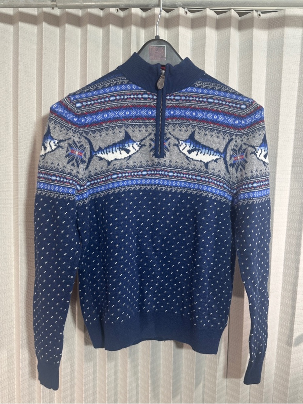 Vineyard Vines Boys Large 16 Navy Blue Half-Zip Fair Isle Sweater Fishing Marlin